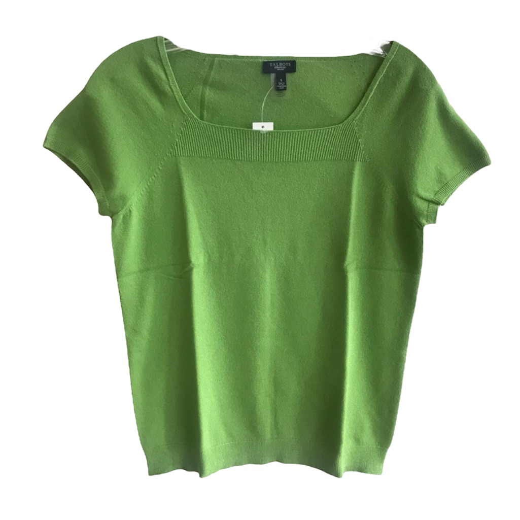 Talbots Fine Knit Square Neck Short Sleeve Sweater Bright Green Small Petite Nwt